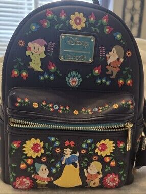 Loungefly Black Floral Folk Snow White & Dwarfs Mini Backpack